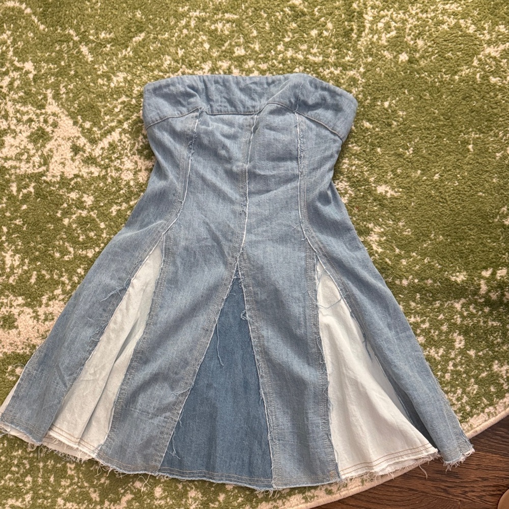 Denim Strapless Dress with Flared Panels and zipper on side